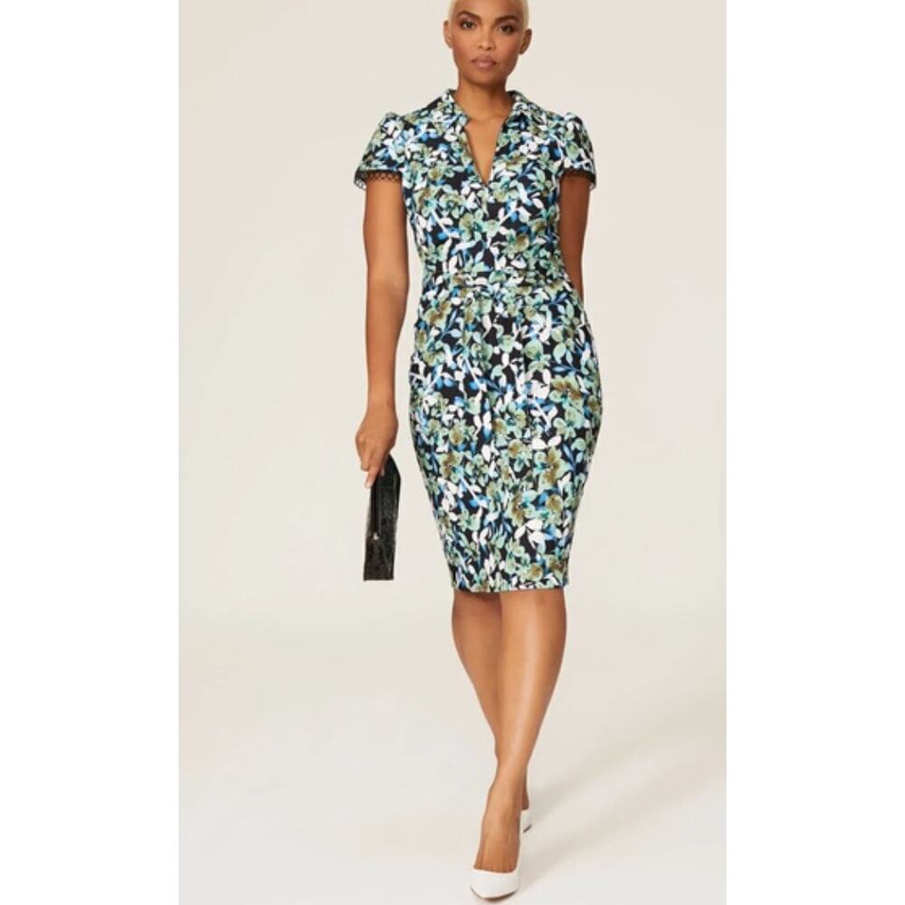 Badgley Mischka Floral Short Sleeve Belted Dress Women’s Size 10 Holiday Party